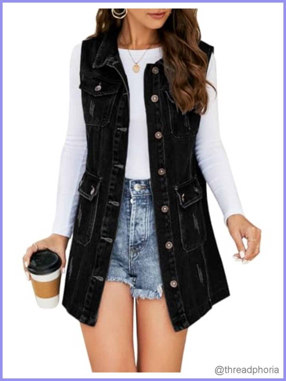 Womens Button Up Sleeveless Denim Vest Mid Long Jean Gilet Jacket